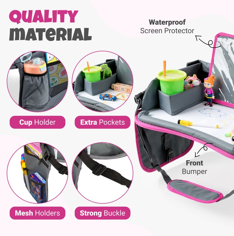 WITRIP Kids Travel Tray with Dry Erase Board - Car Seat Tray for Kids Travel, Carseat Table Top for Toddler, Lap Desk for Car Seat, Activity Organizer & Snack Holder, Road Trip Essentials for Kid (Pink) - Image 3